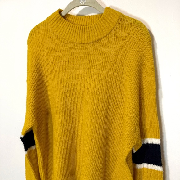 Anthro John + Jenn Yellow Varsity Stripe Mock Neck Chunky Knit Sweater Sz Medium - Picture 3 of 8